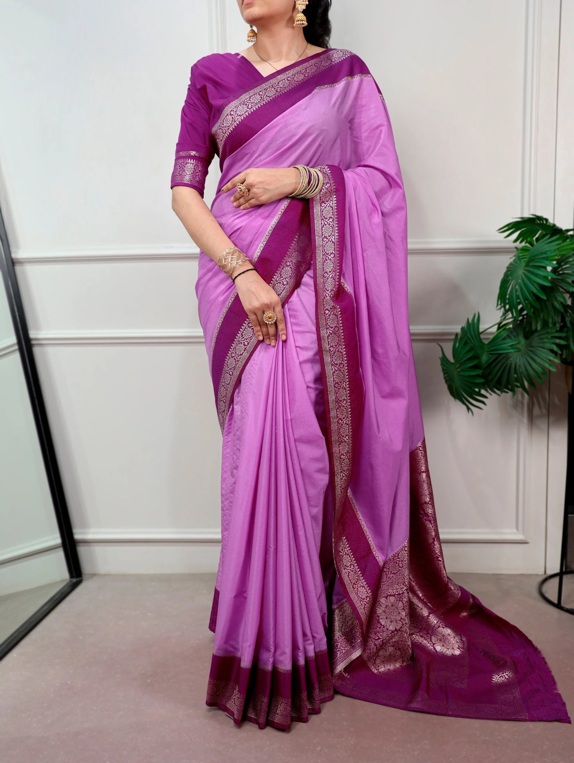 mysore crepe saree lavender front view full length
