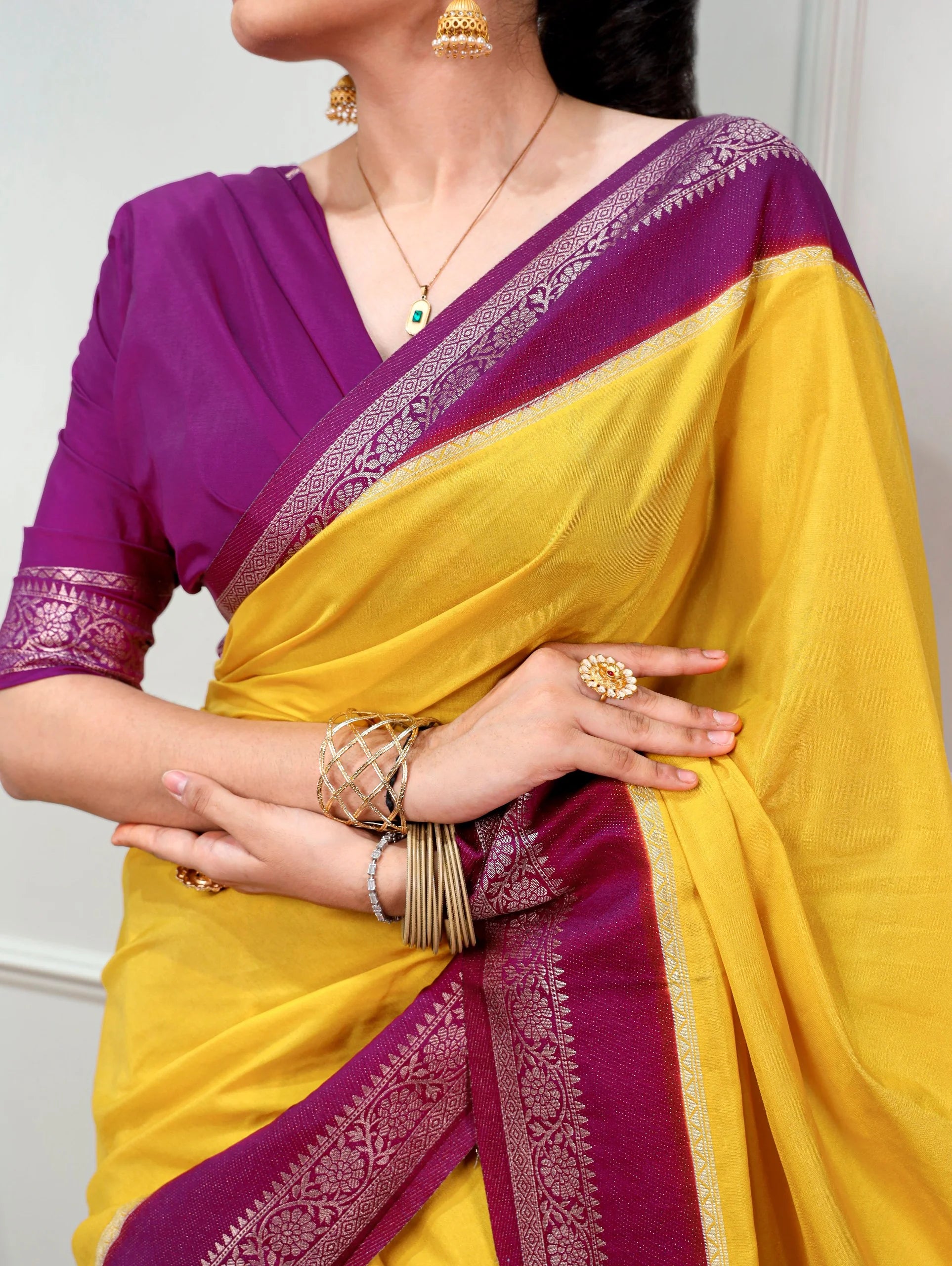 yellow mysore crepe saree drape zari work detail