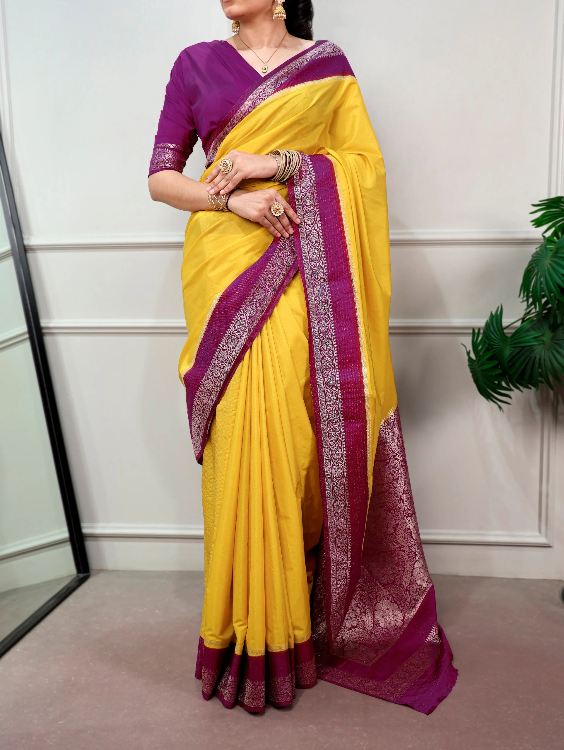 mysore crepe saree yellow front view full length