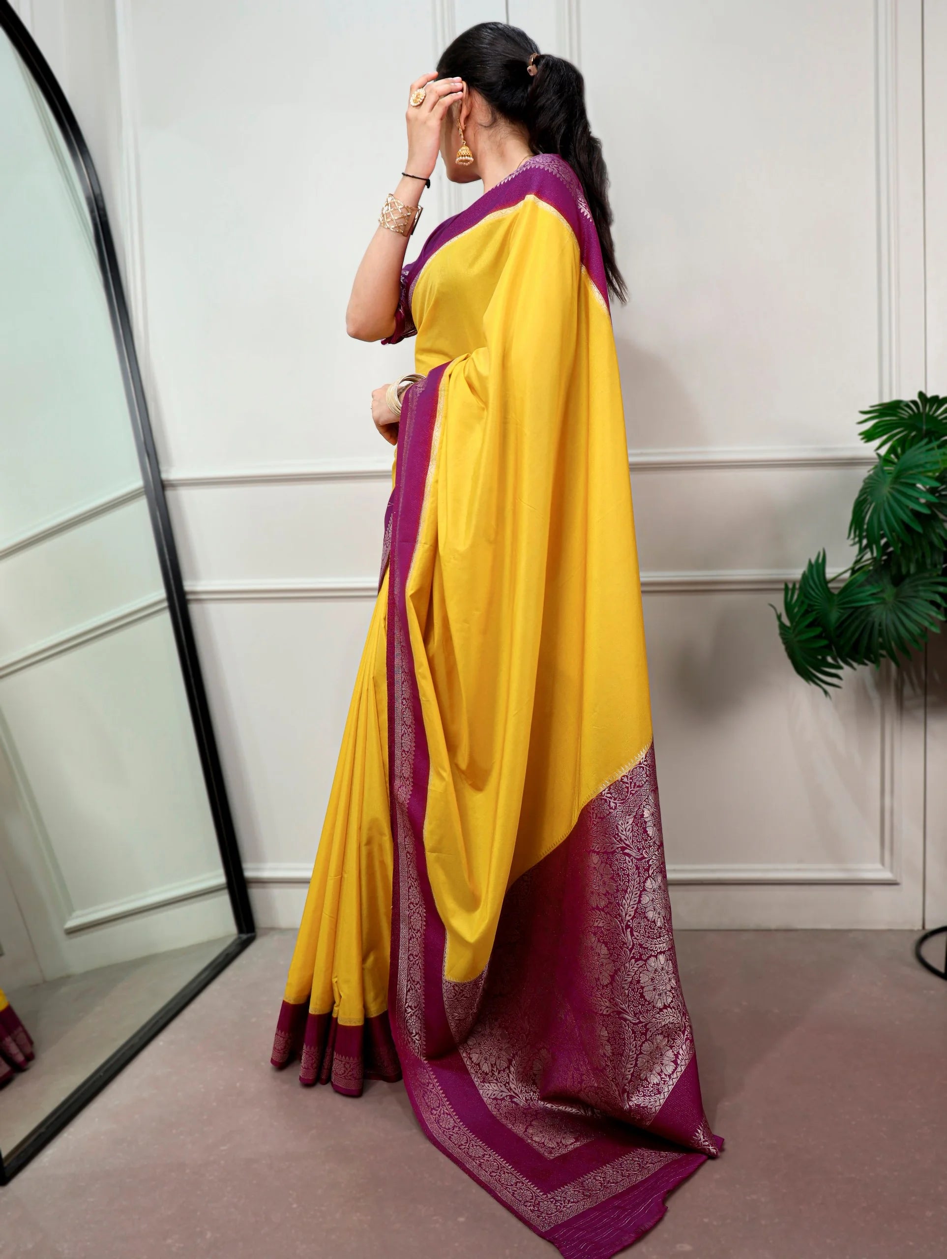 yellow mysore crepe saree side view zari border