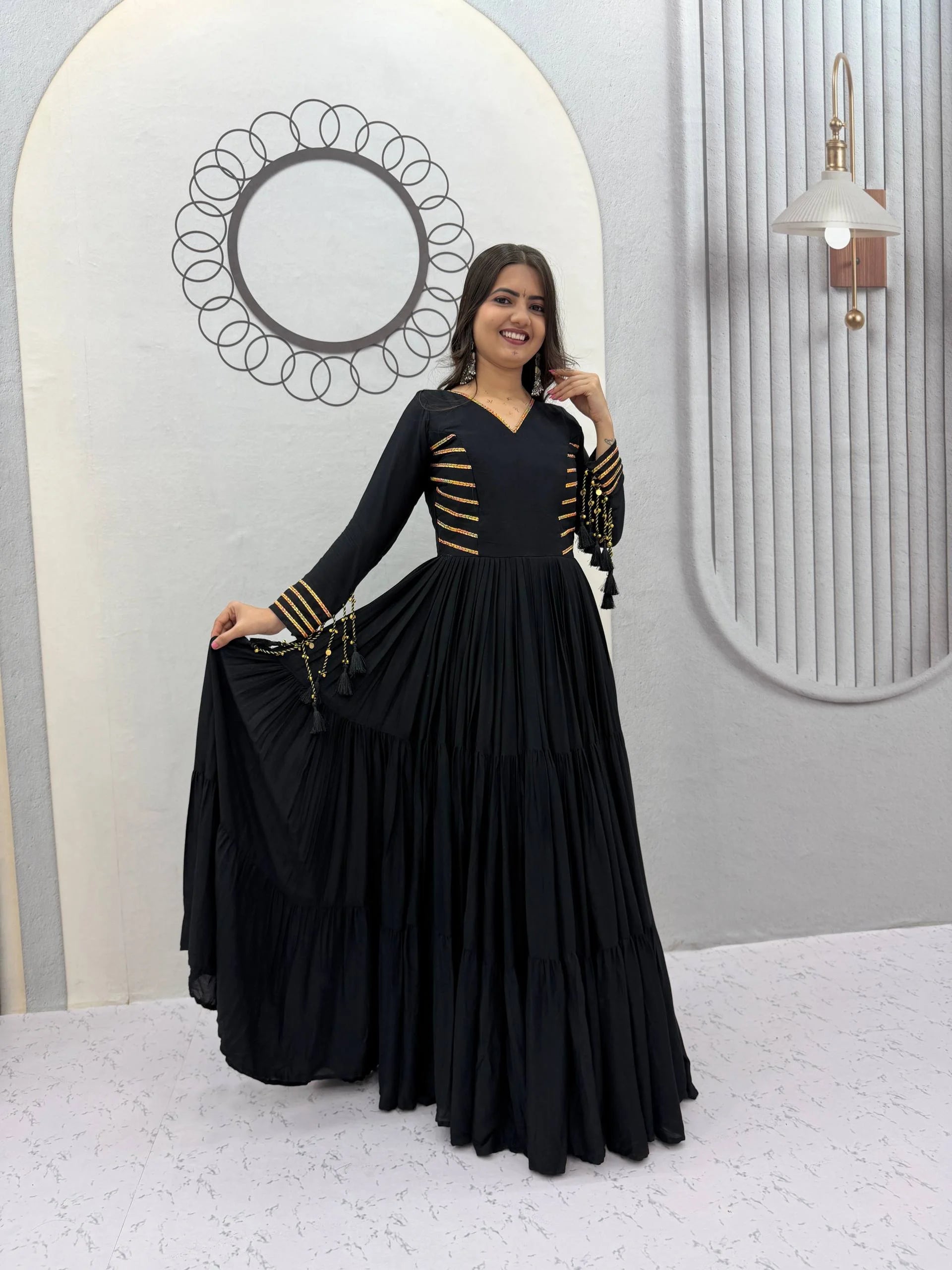 Navratri cotton gown black full view tiered pleated skirt garba