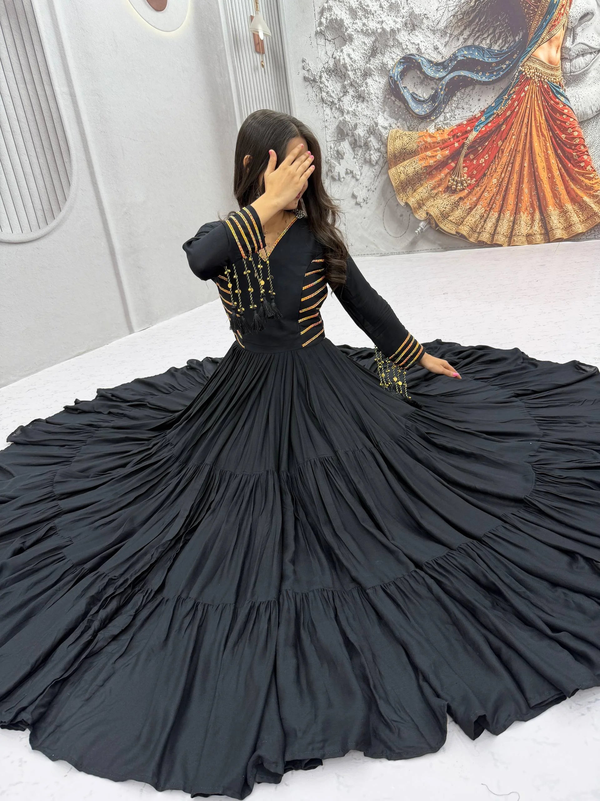 Cotton navratri gown black side closeup braid stripe festive