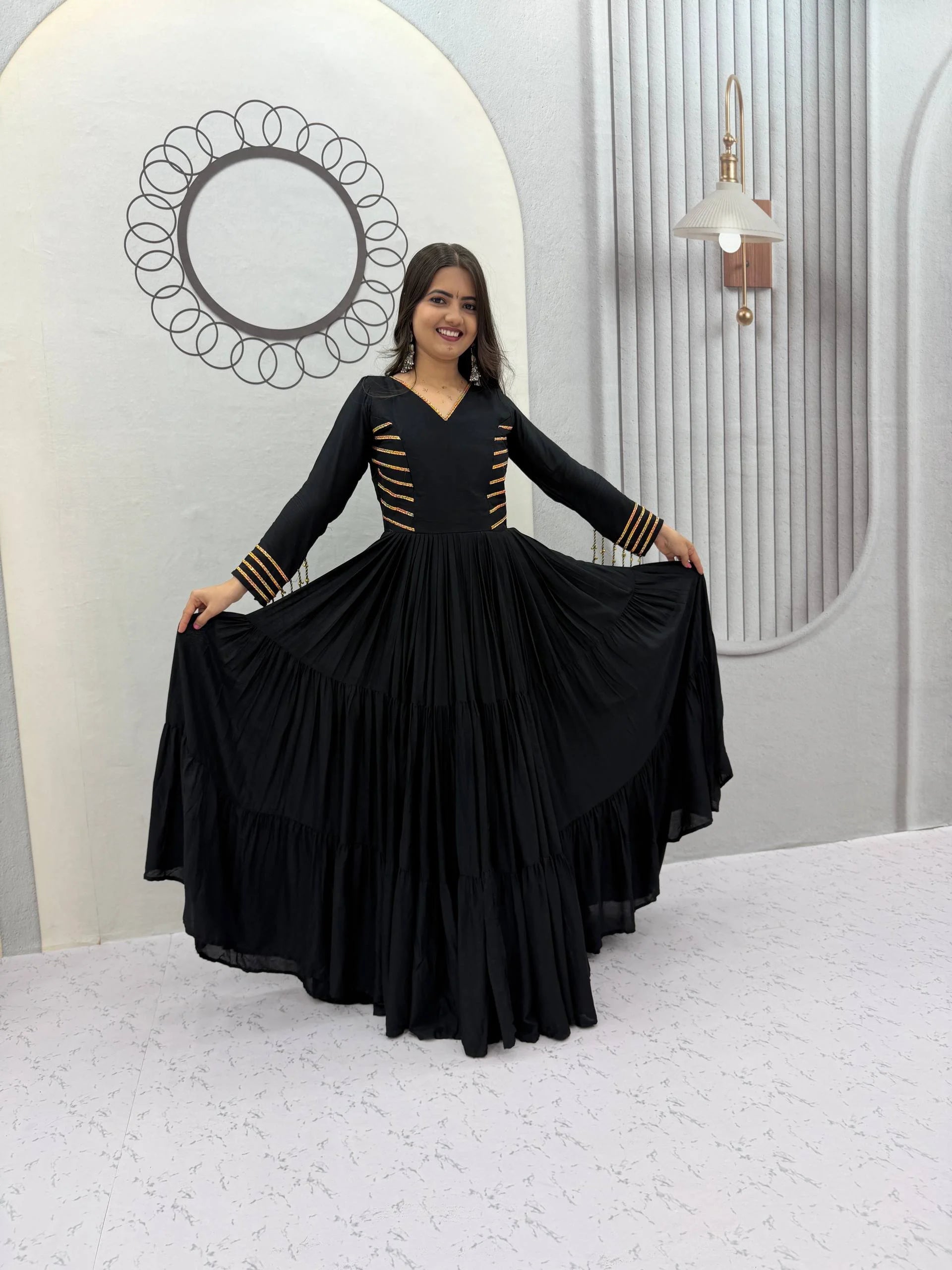 Cotton navratri gown black skirt flair spread floor view