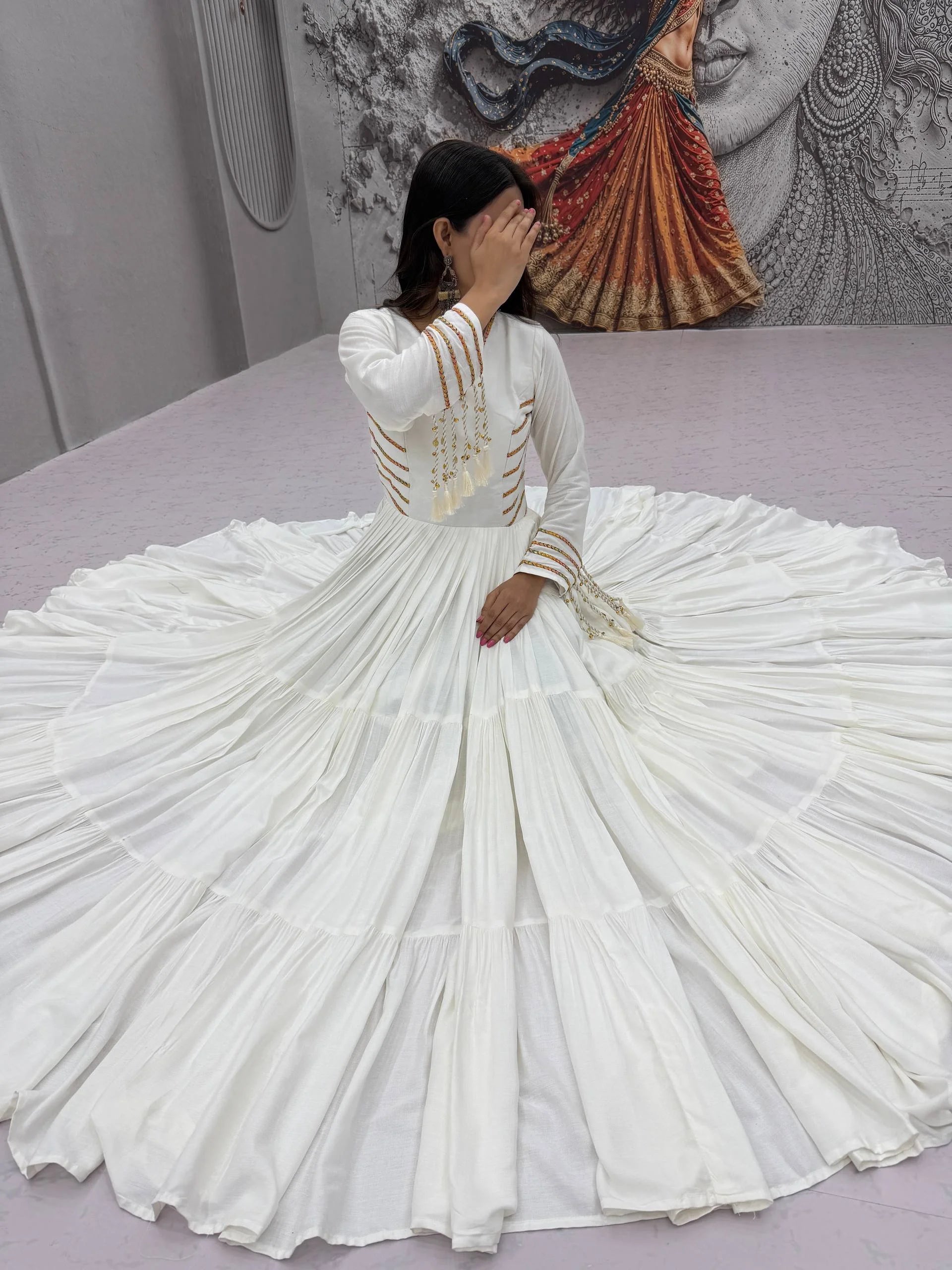 Cotton navratri gown white aerial full flair floor view