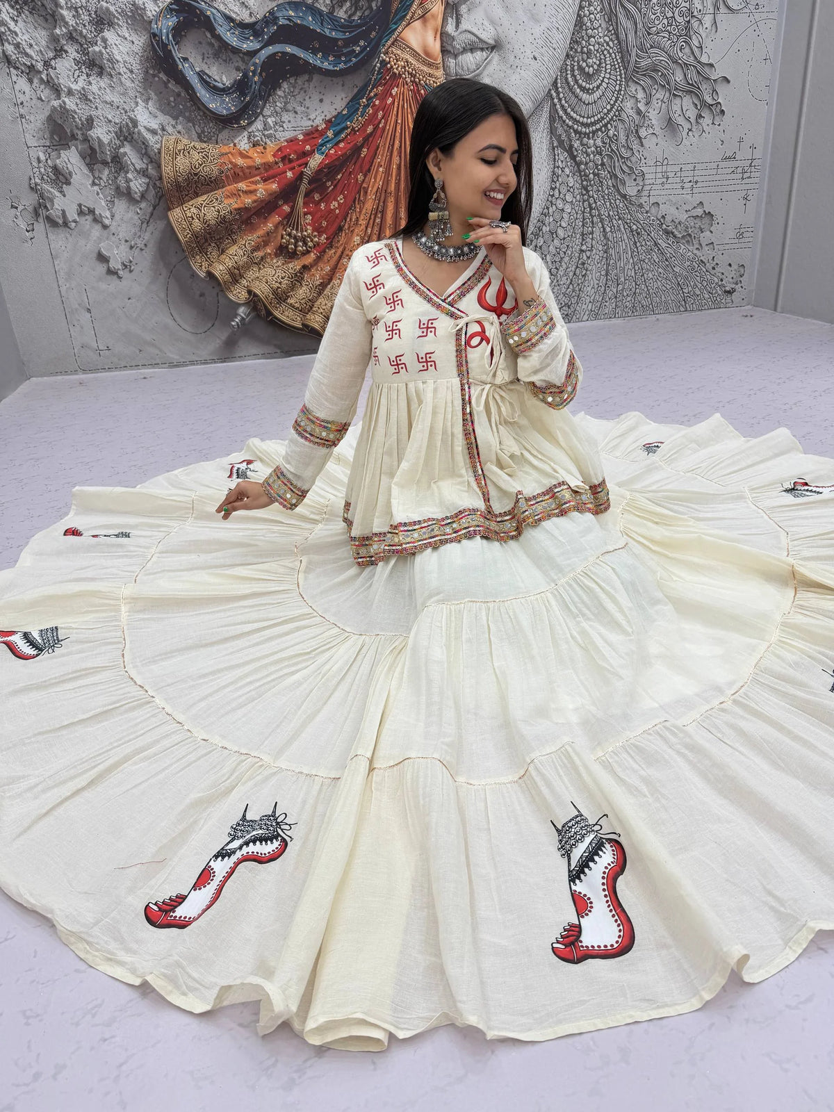 back view of navratri kediyu lehenga choli with durga maa hotfix print