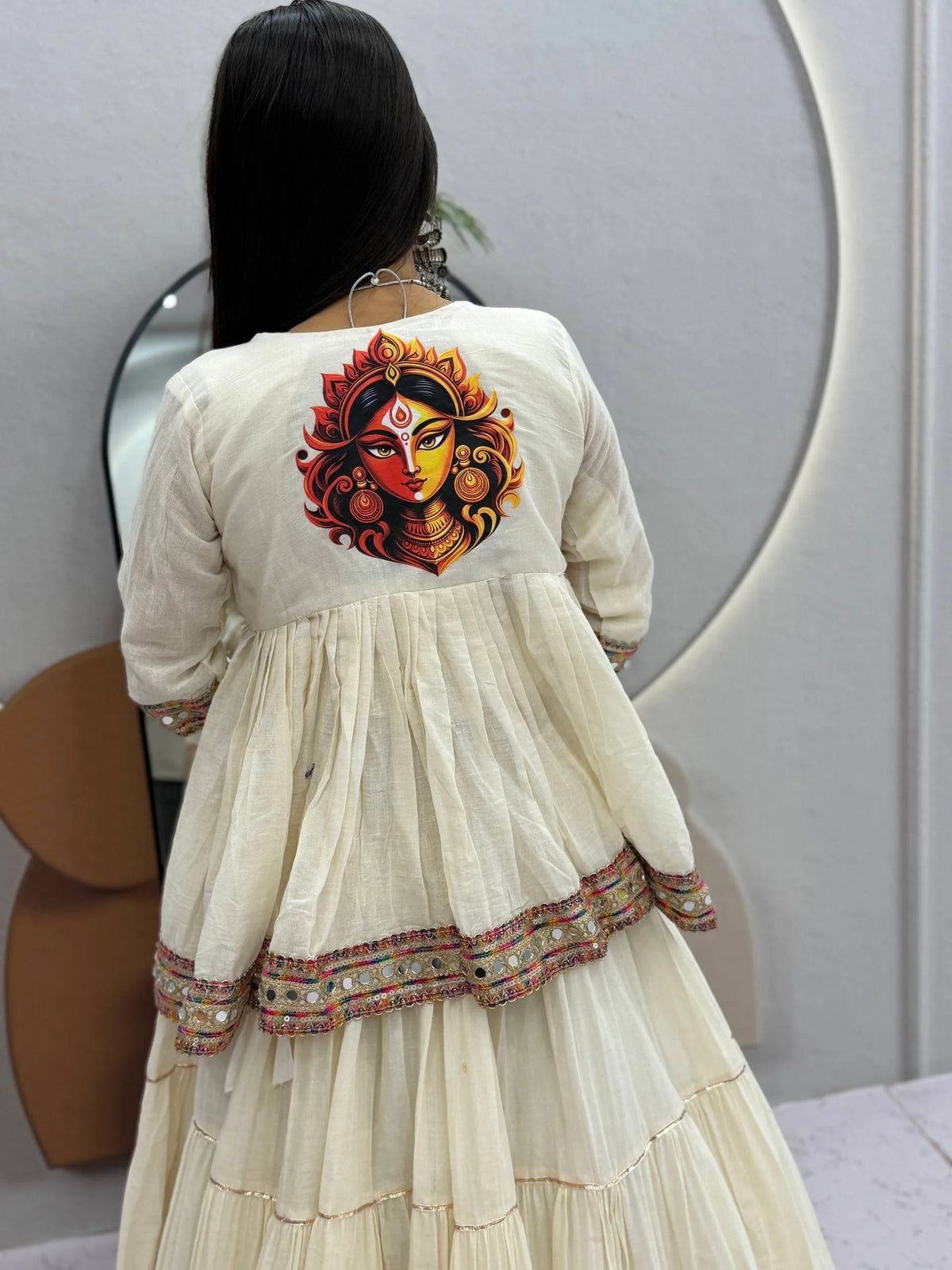 off-white navratri kediyu lehenga choli with durga print and 9 meter flair full view