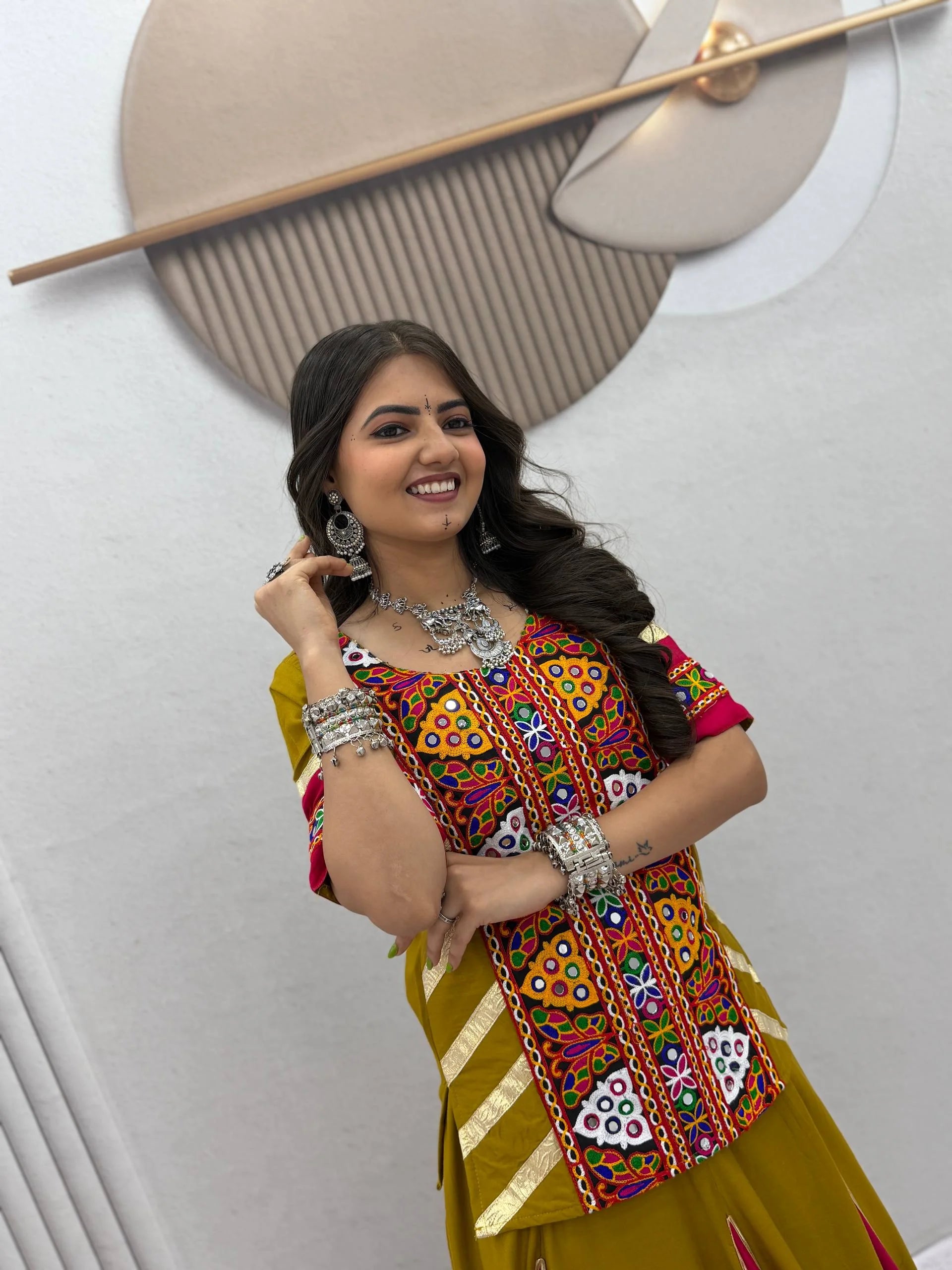 navratri kediyu lehenga mustard yellow kutchi embroidery detail