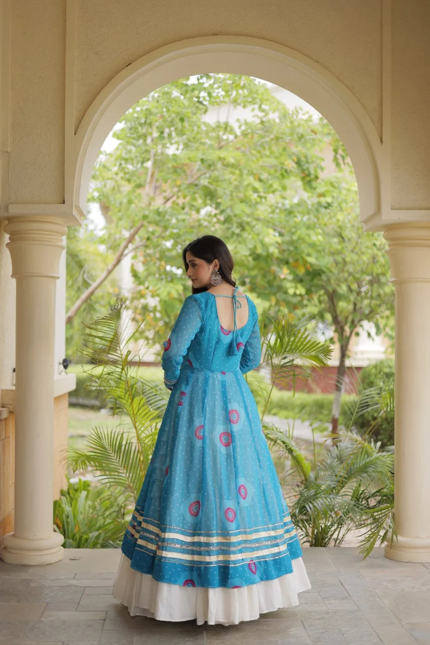 back view of blue navratri kurti lehenga with tie-up neck