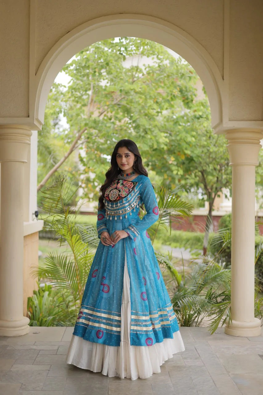 sky blue navratri kurti lehenga jacket with peacock kutchi yoke