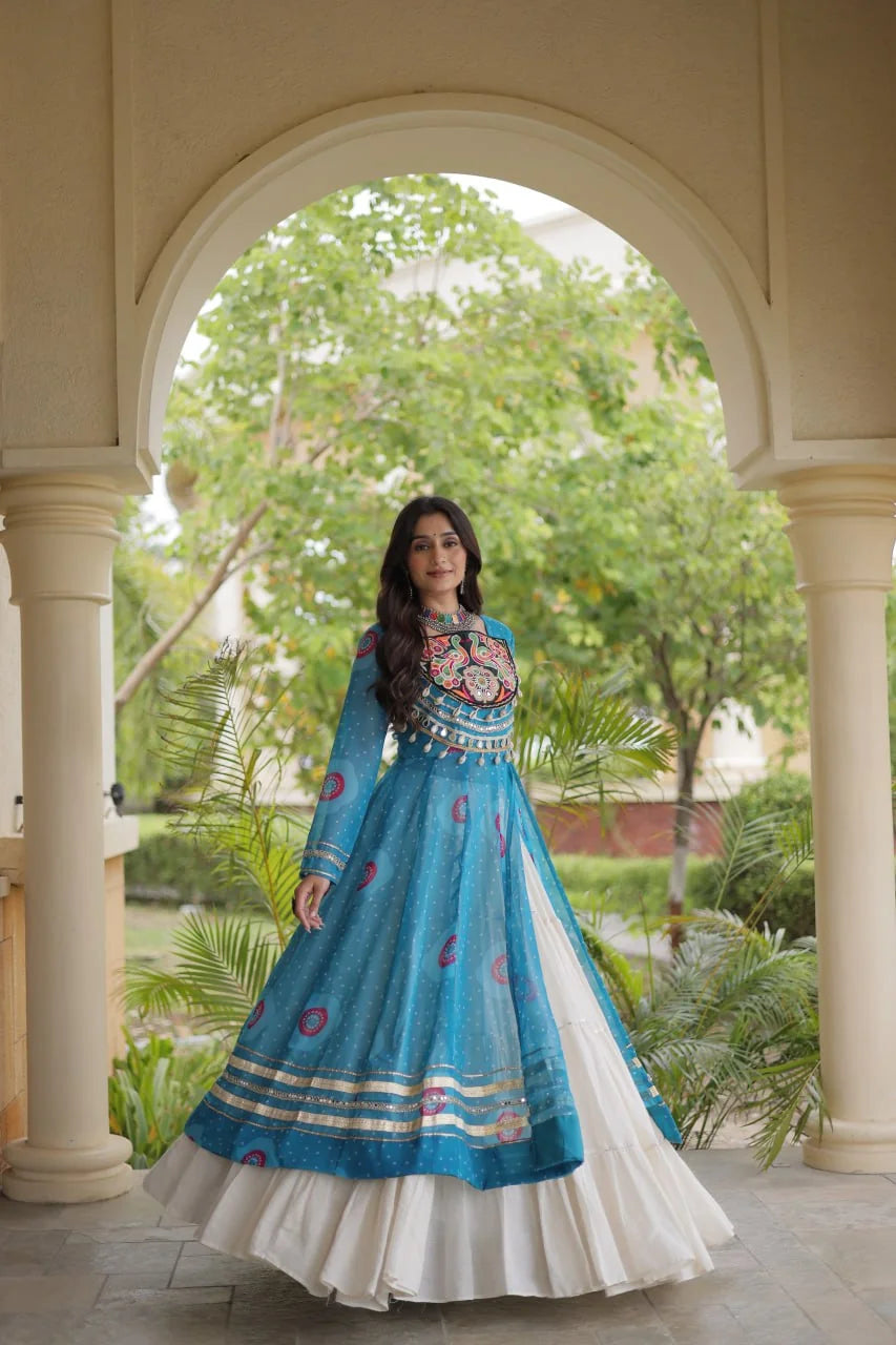 sky blue navratri kurti lehenga with 12 meter kora cotton flair twirl