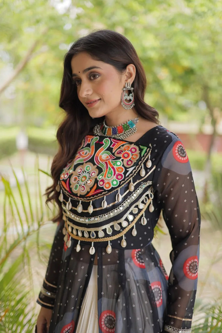 back view of green navratri kurti lehenga with bandhani print