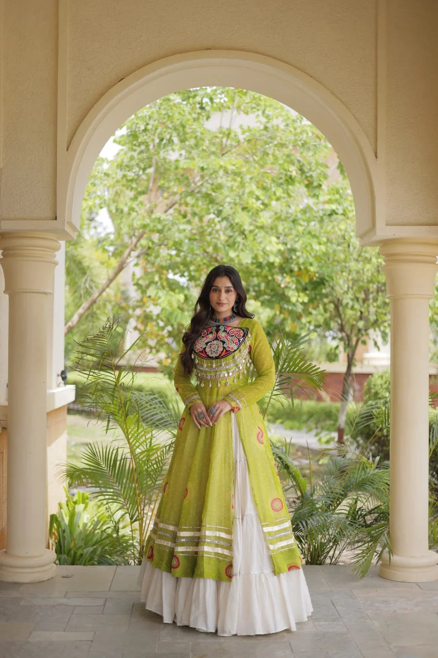green navratri kurti lehenga full length with white kora cotton frill lehenga
