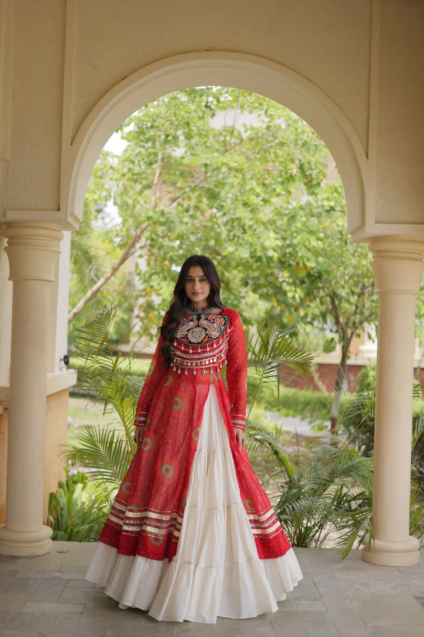 red bandhani navratri kurti lehenga with kutchi patchwork yoke full view
