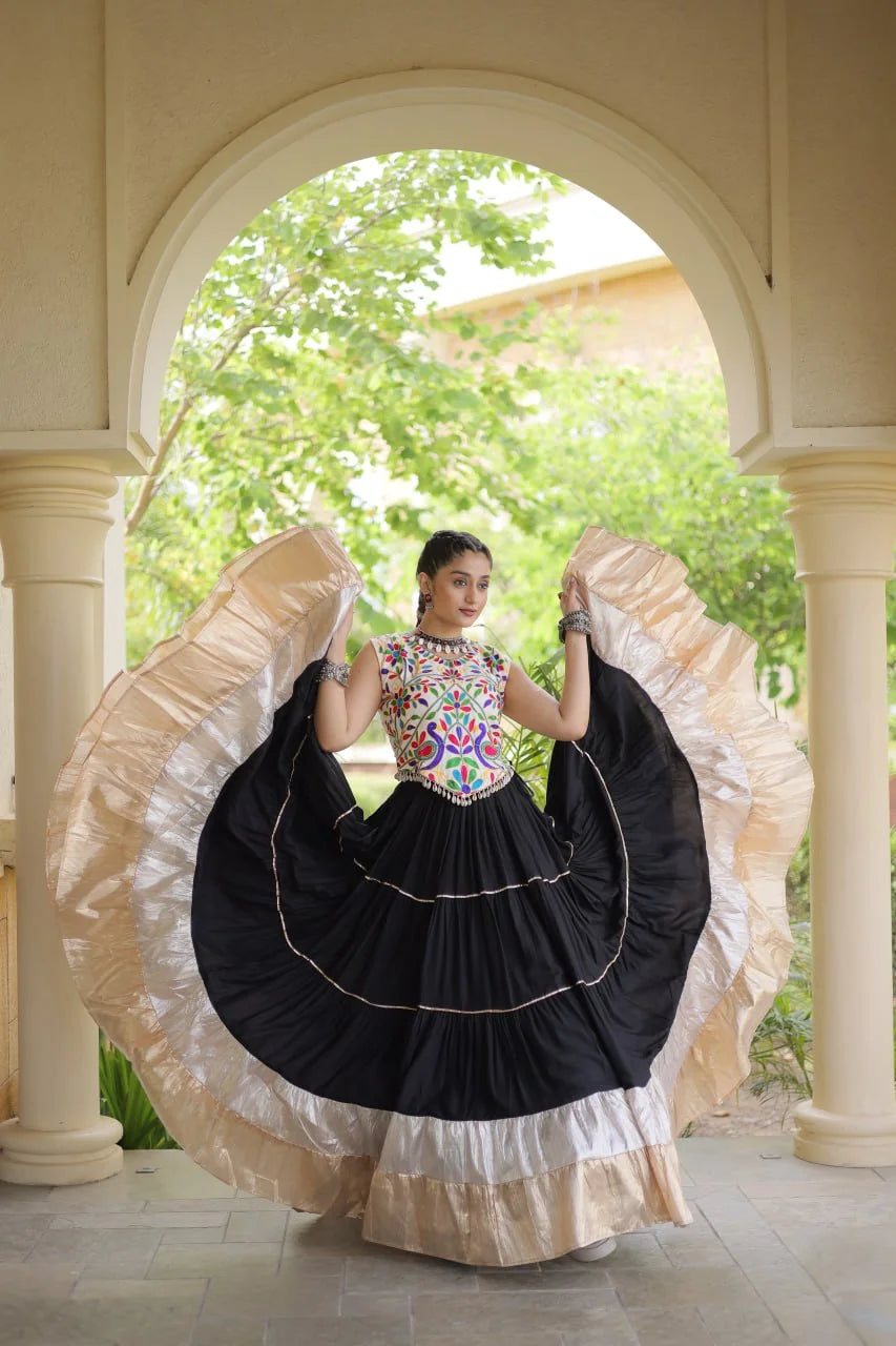 Navratri kutchi embroidery lehenga white skirt front view
