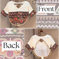 Navratri Kutchi Gamthi blouse off-white Roman fabric front back V-neck cowrie tassels
