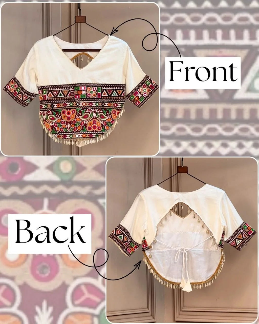 Navratri Kutchi Gamthi blouse off-white Roman fabric front back V-neck cowrie tassels