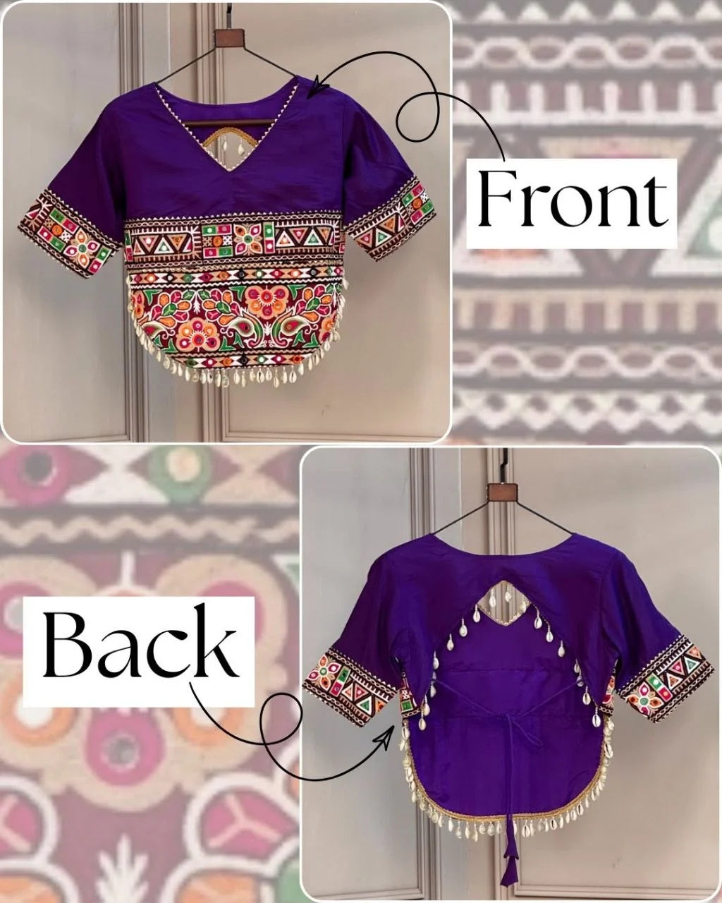 Purple Kutchi Gamthi blouse navratri Roman fabric front back cowrie shell tassels