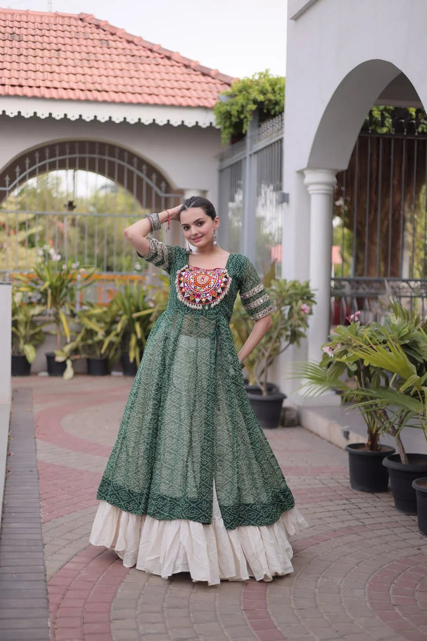 bandhani lehenga choli green side view kutchi mirror work