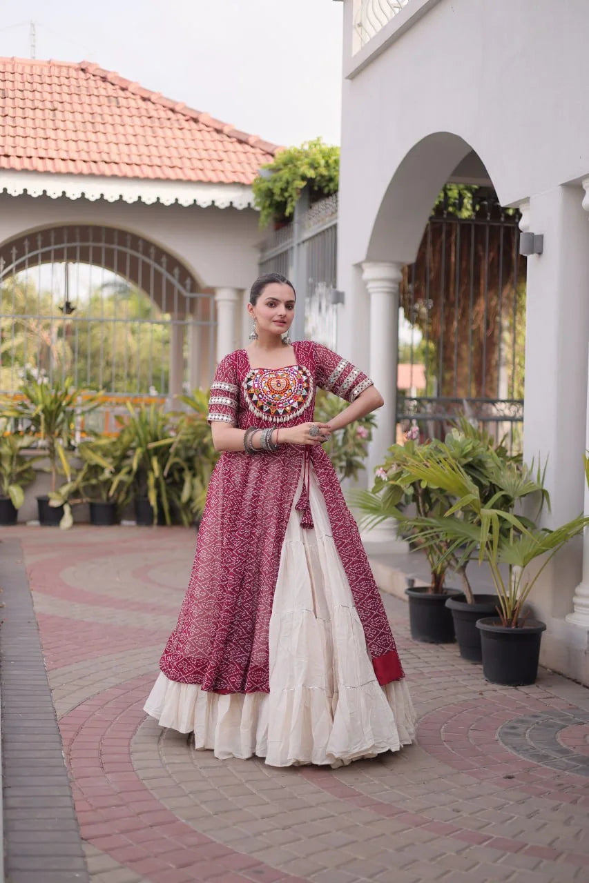 navratri garba lehenga maroon back view bandhani print