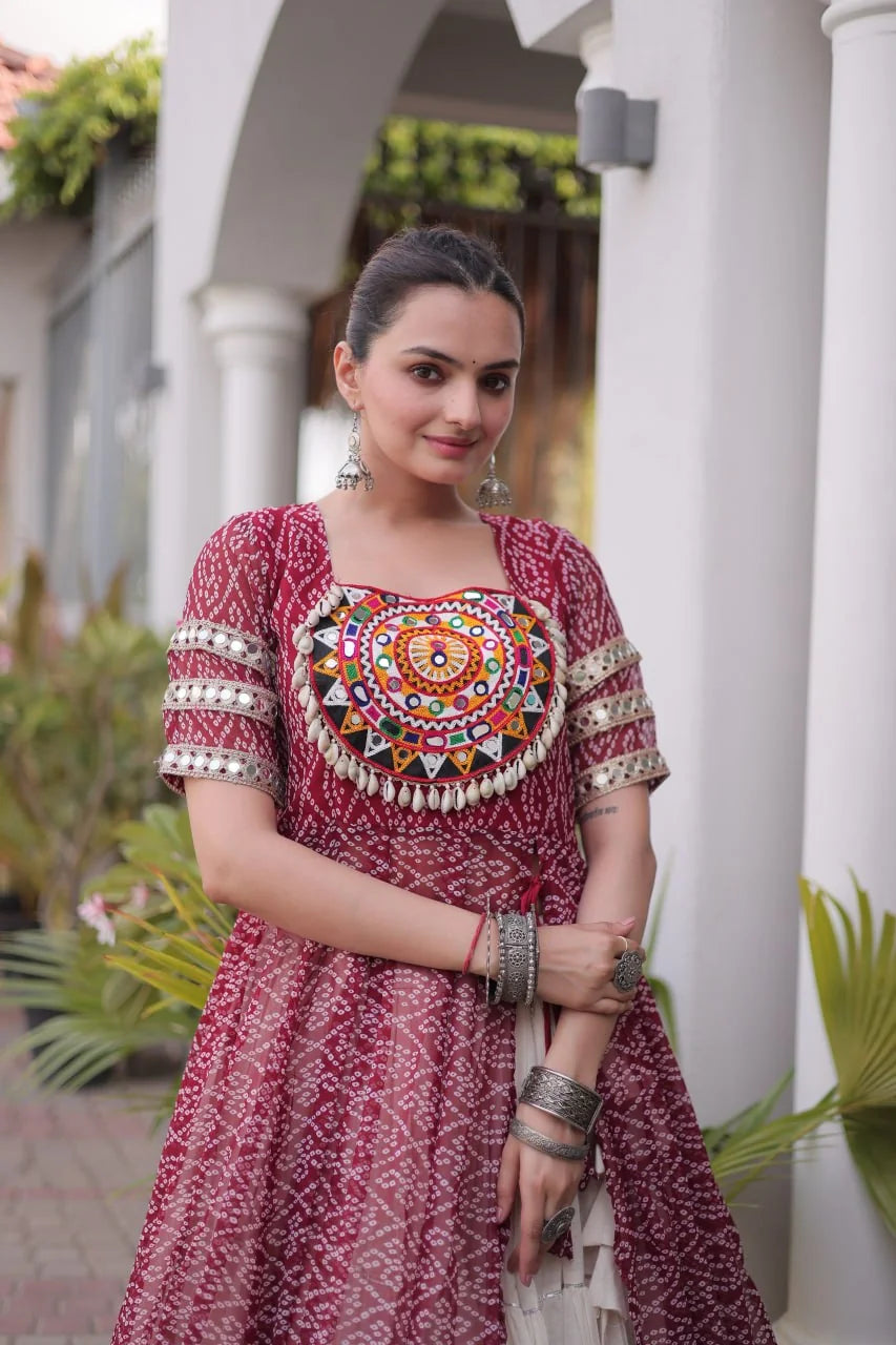 navratri lehenga choli bandhani maroon front mandala patchwork