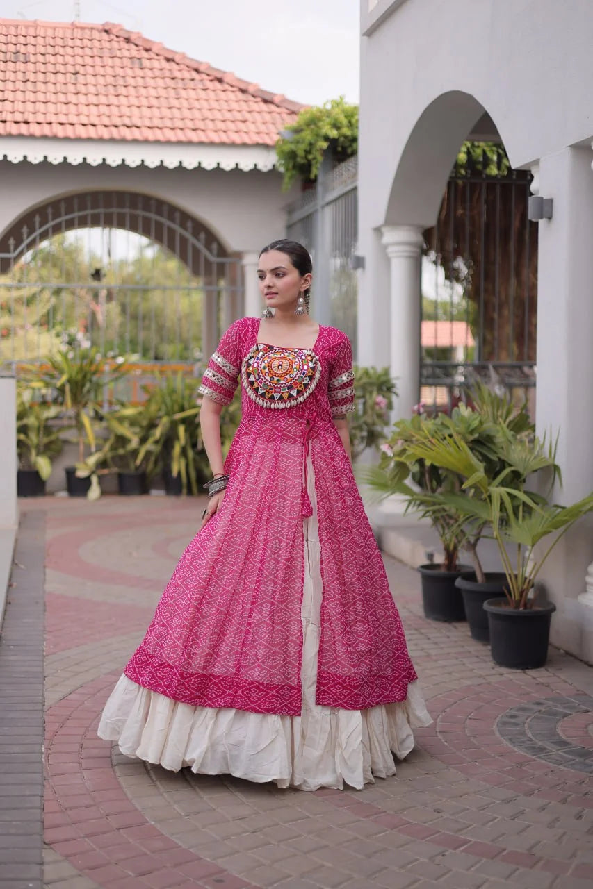 navratri lehenga choli bandhani pink full view kutchi patchwork