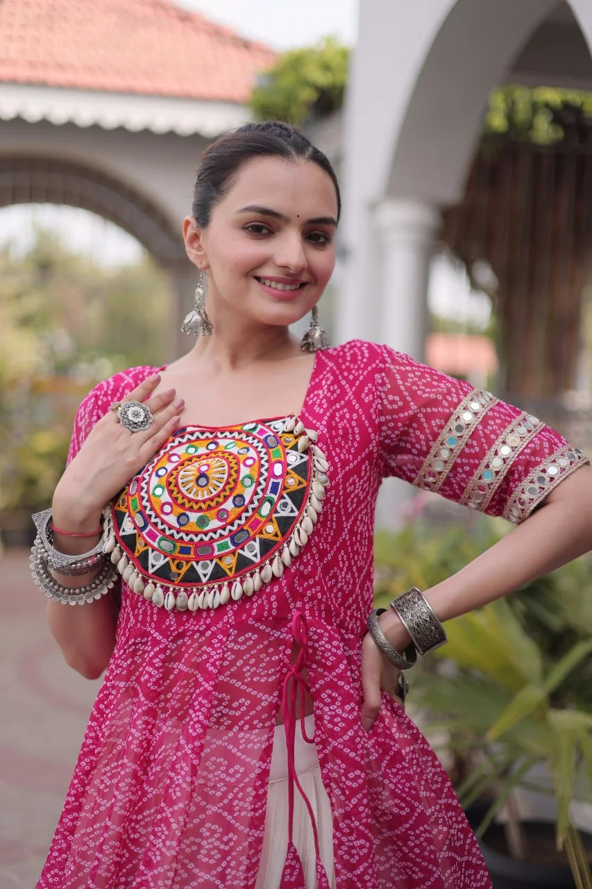 kutchi mirror work lehenga pink kurti detail mandala cowrie