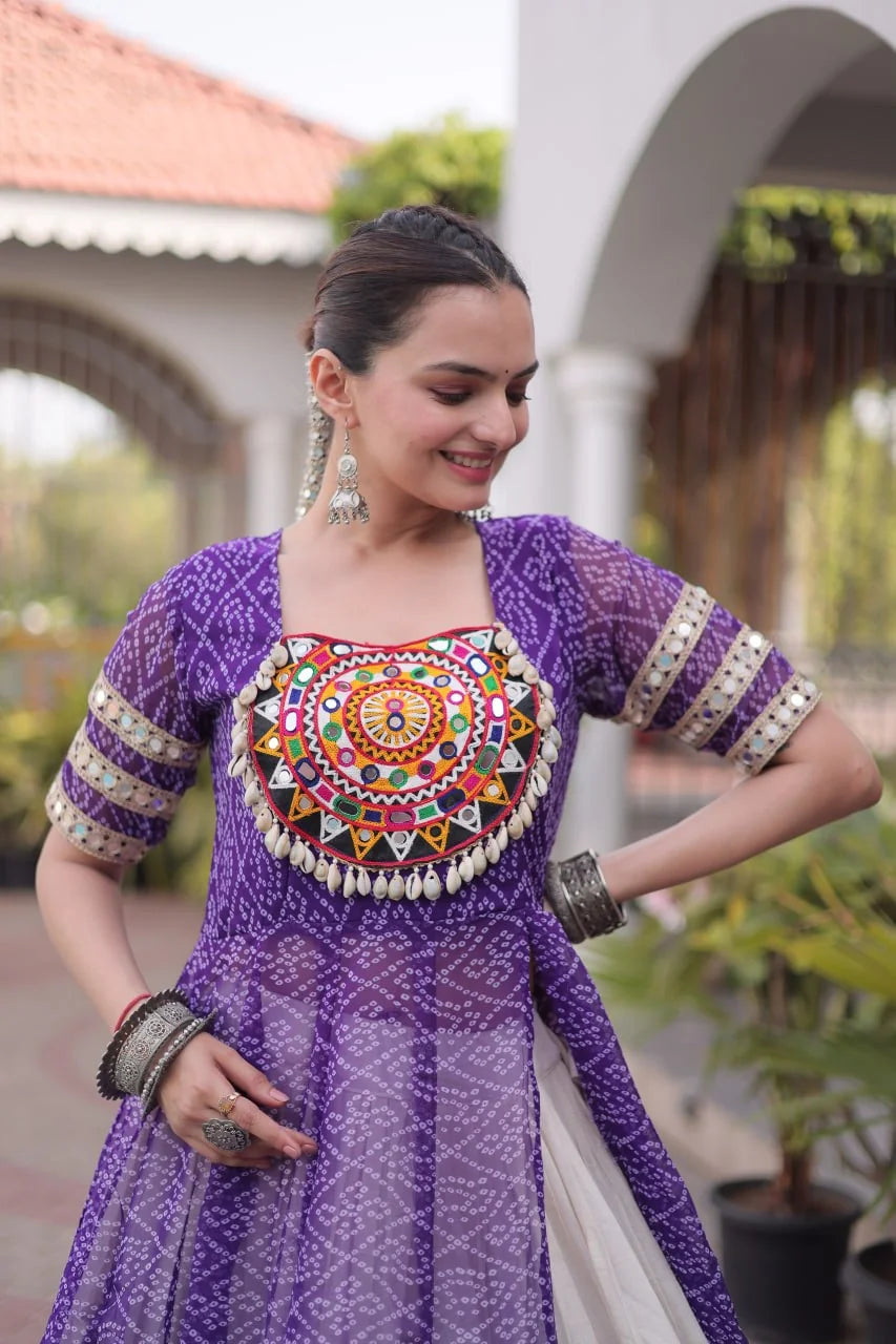 navratri lehenga choli bandhani purple kurti detail cowrie shells