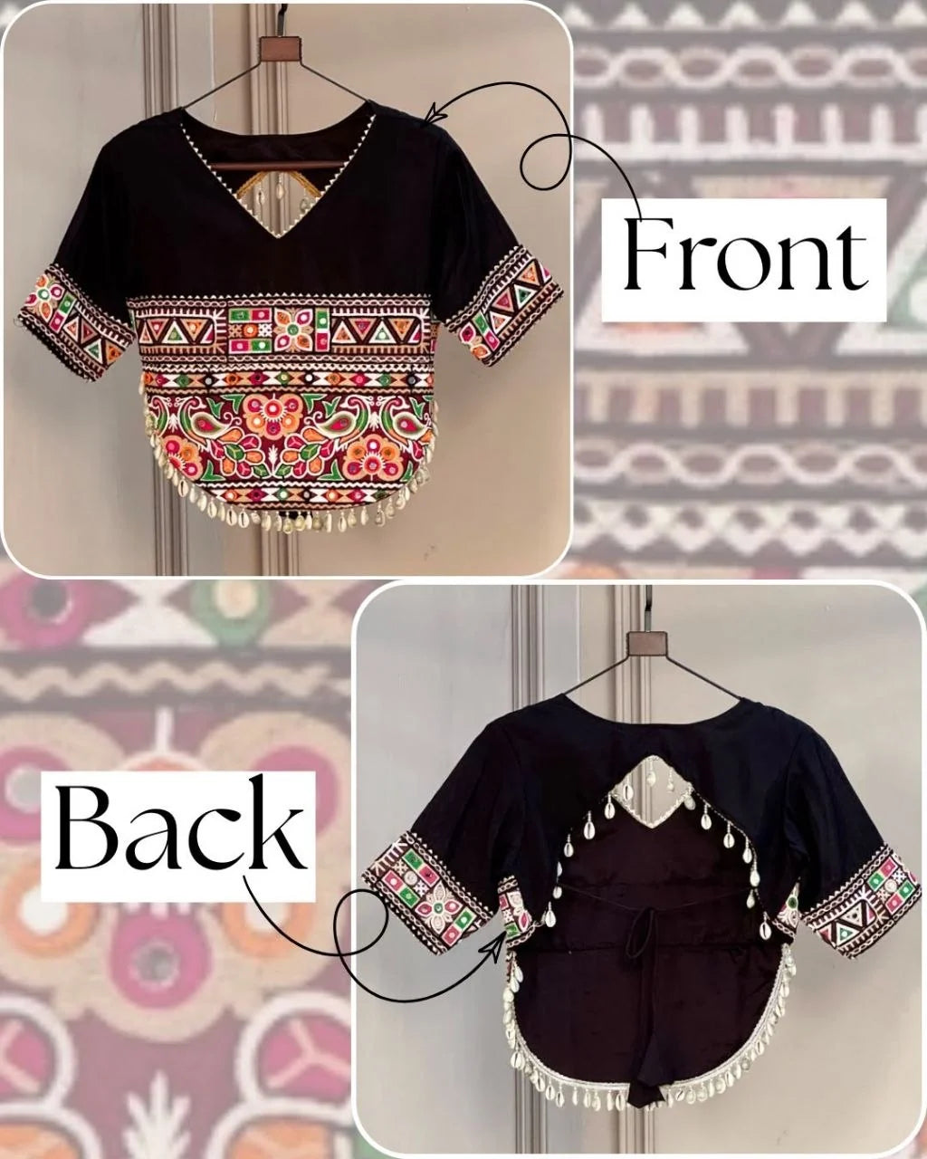 Black Kutchi Gamthi blouse navratri lehenga choli front and back close-up
