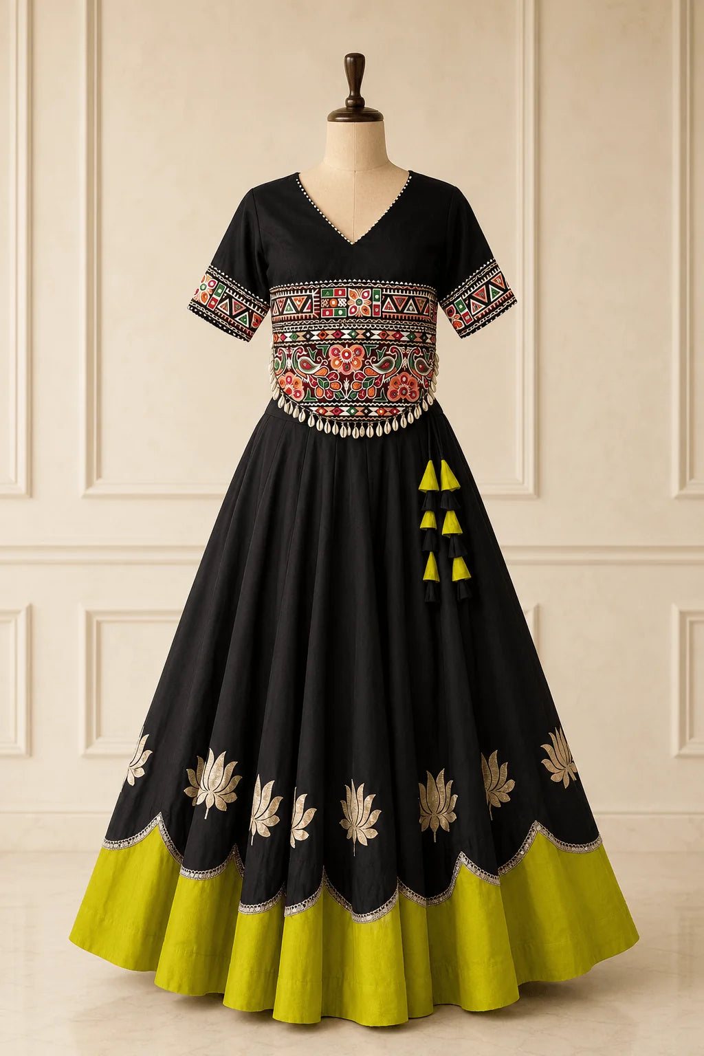 Navratri lehenga choli black lehenga lime green border Kutchi Gamthi blouse full outfit