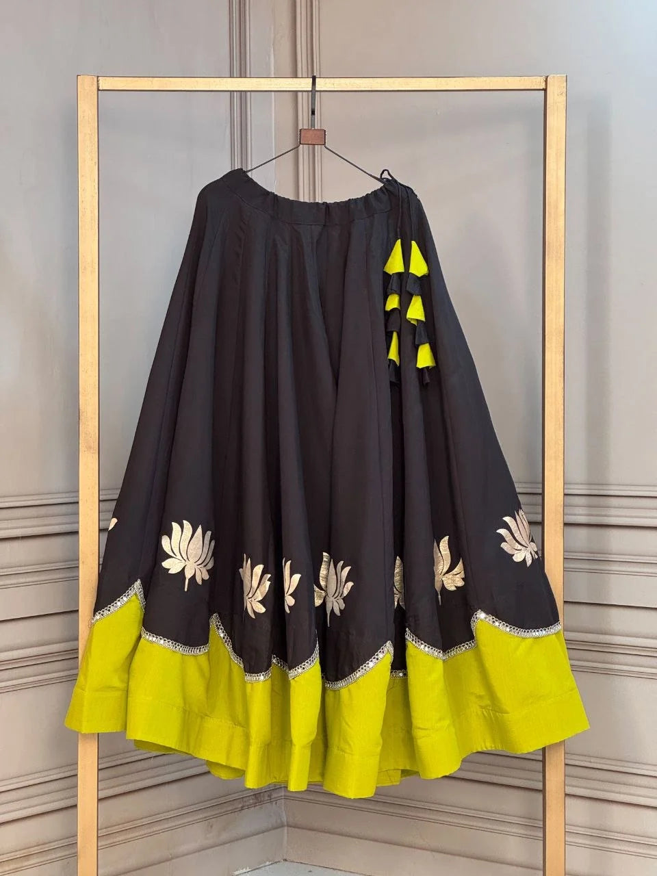Black lehenga skirt lime green border lotus gota mirror work navratri garba choli