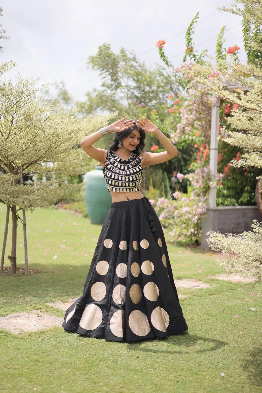 Navratri lehenga choli black mirror lace work top closeup detail
