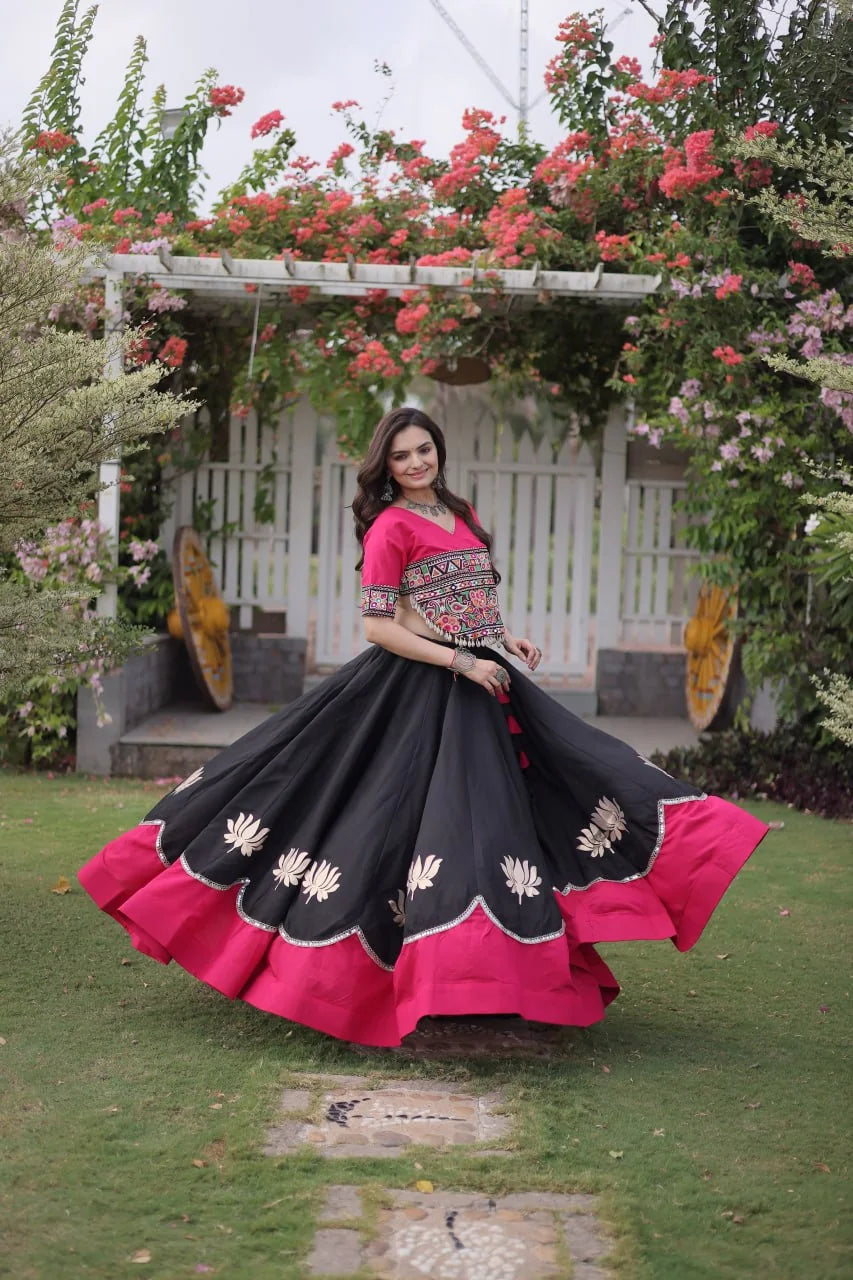 Navratri lehenga choli black lehenga pink top mirror work lotus swing