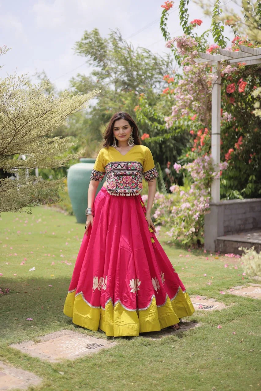 Navratri lehenga choli black lehenga pink embroidered top back dori