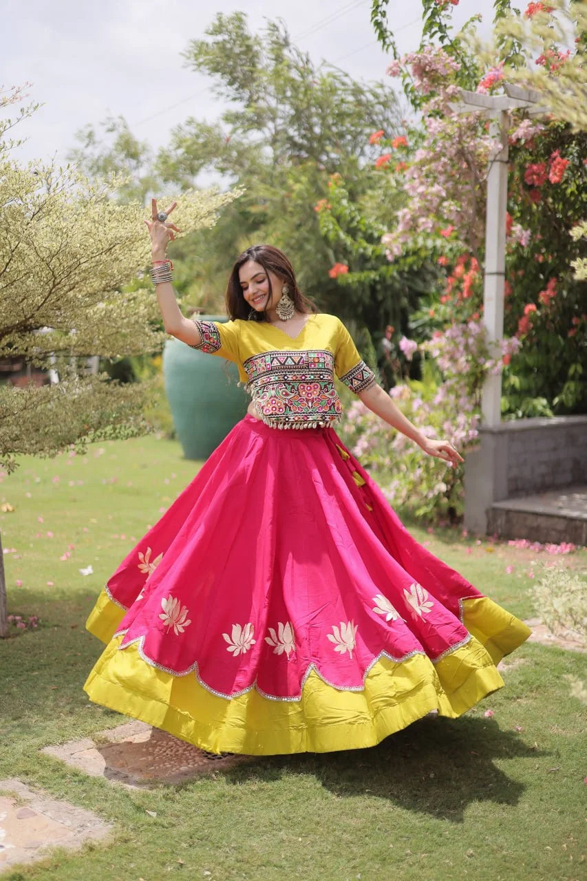 Navratri lehenga choli black lotus gota lehenga pink Kutchi top