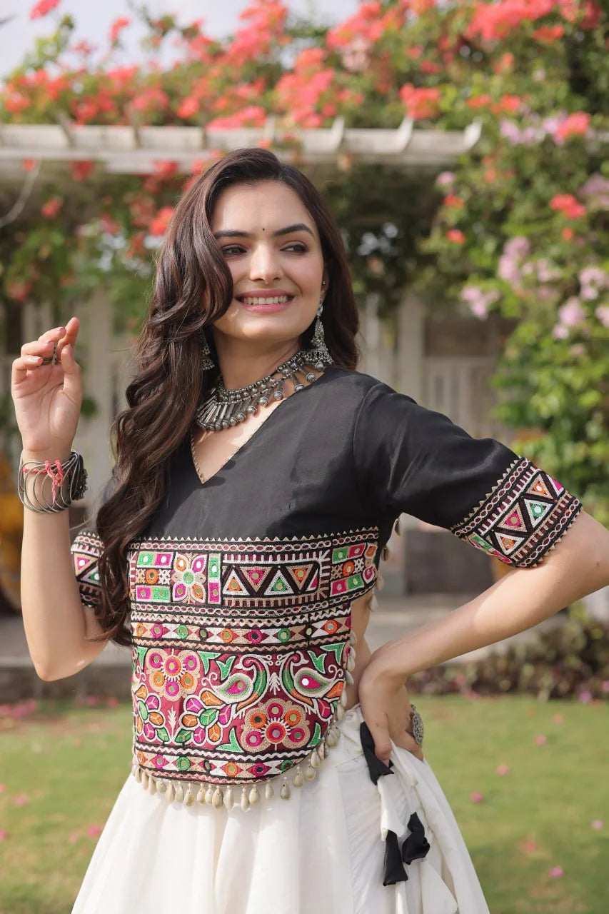 Roman fabric lehenga choli black top white lotus mirror border front