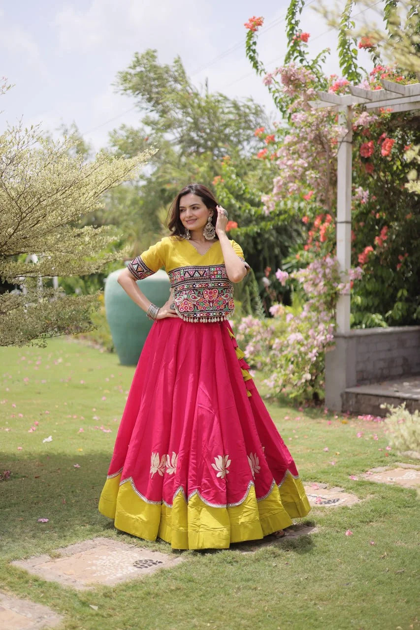 Navratri lehenga choli black lehenga yellow top full length standing