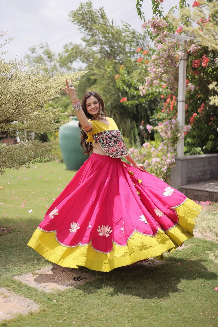Garba lehenga choli black lehenga yellow top lotus gota dance swing