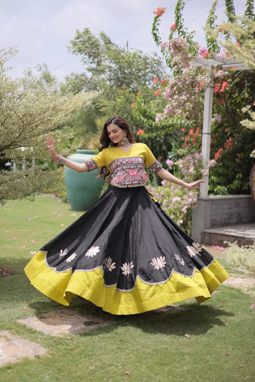 Navratri lehenga choli black lotus lehenga yellow Kutchi top back view