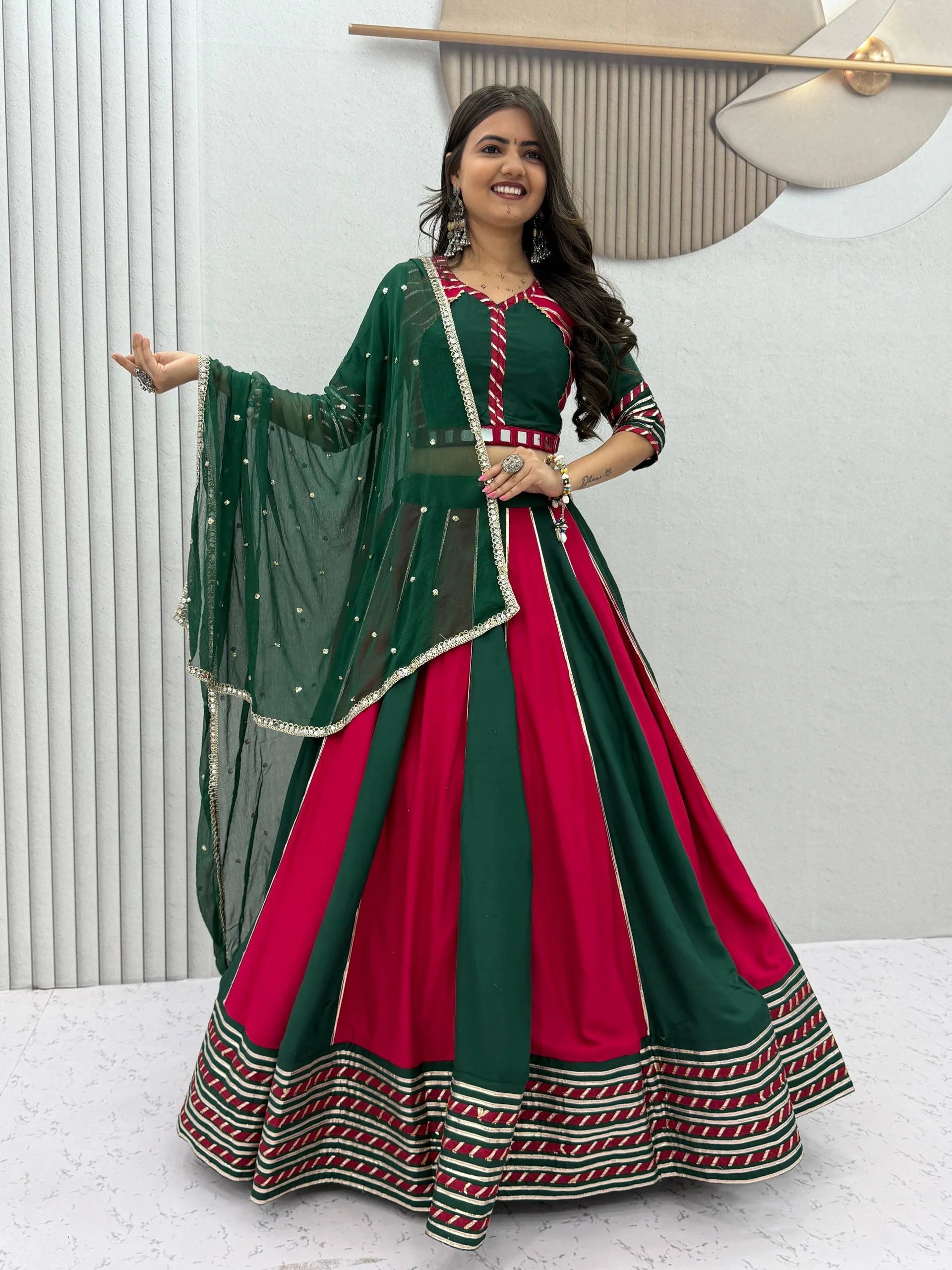 Navratri cotton lehenga choli green rani pink bicolor full view with dupatta