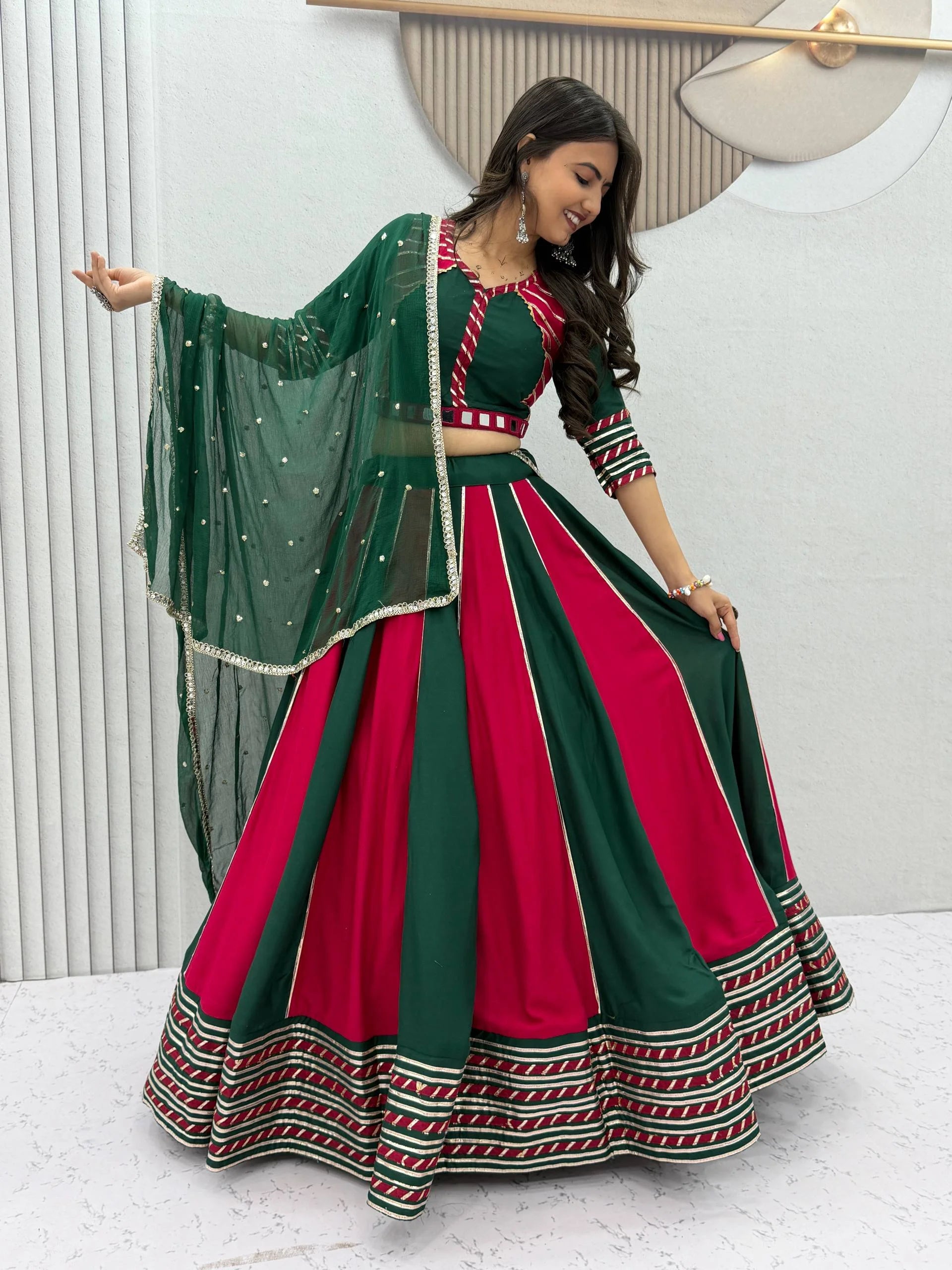 Cotton navratri lehenga choli dark green rani pink bicolor flair full view