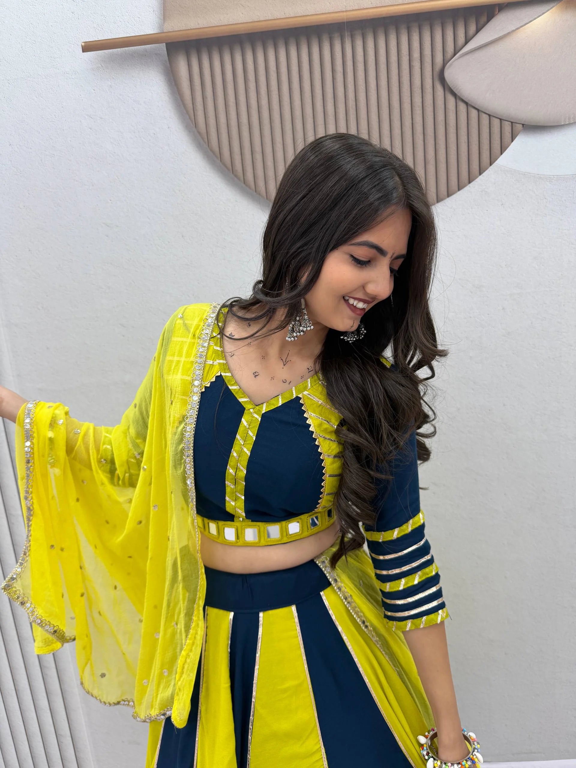 Navratri lehenga choli navy yellow blouse real hand work gota stripe detail