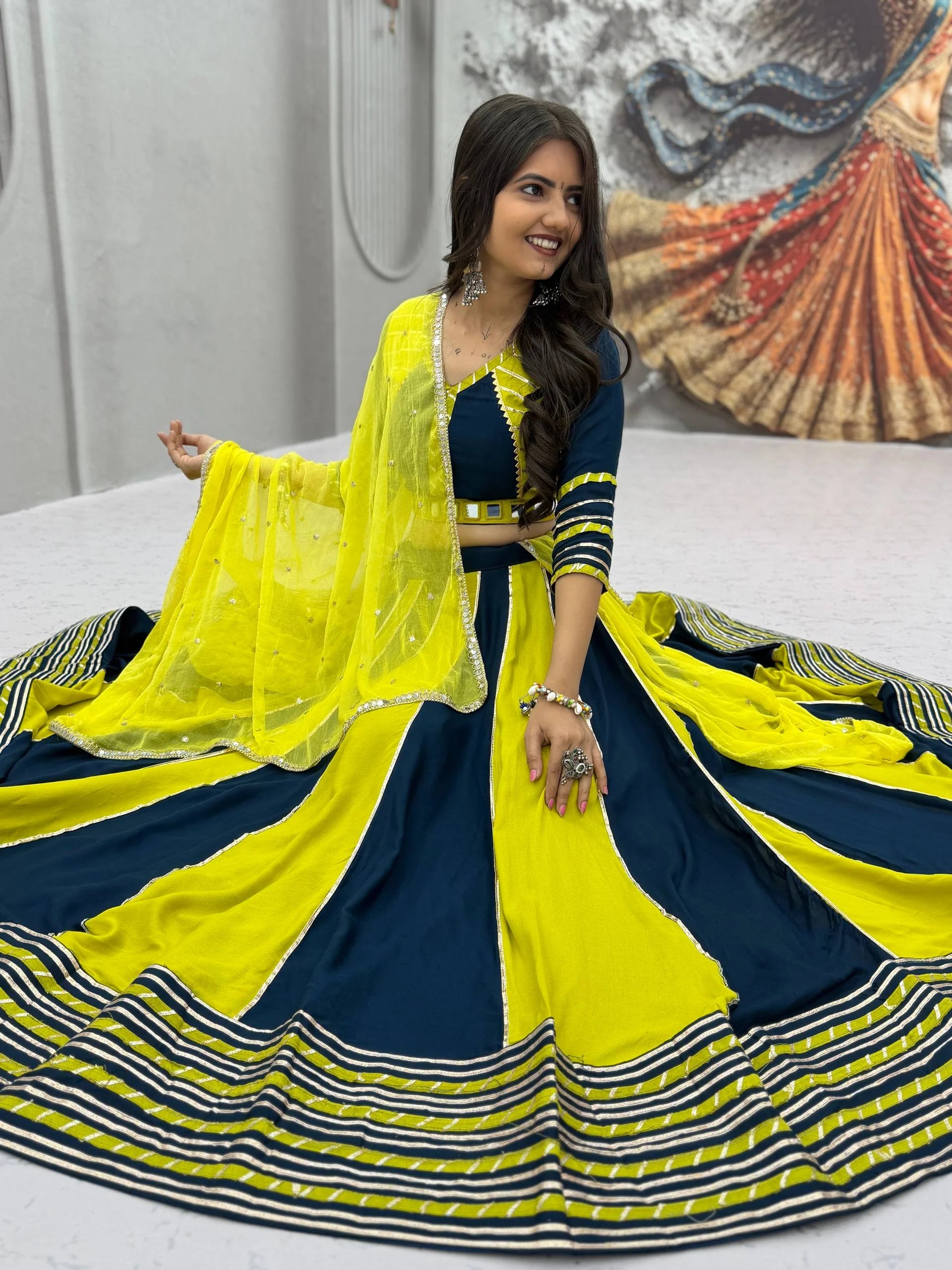 Cotton lehenga choli set navratri pink orange bicolor panel twirl