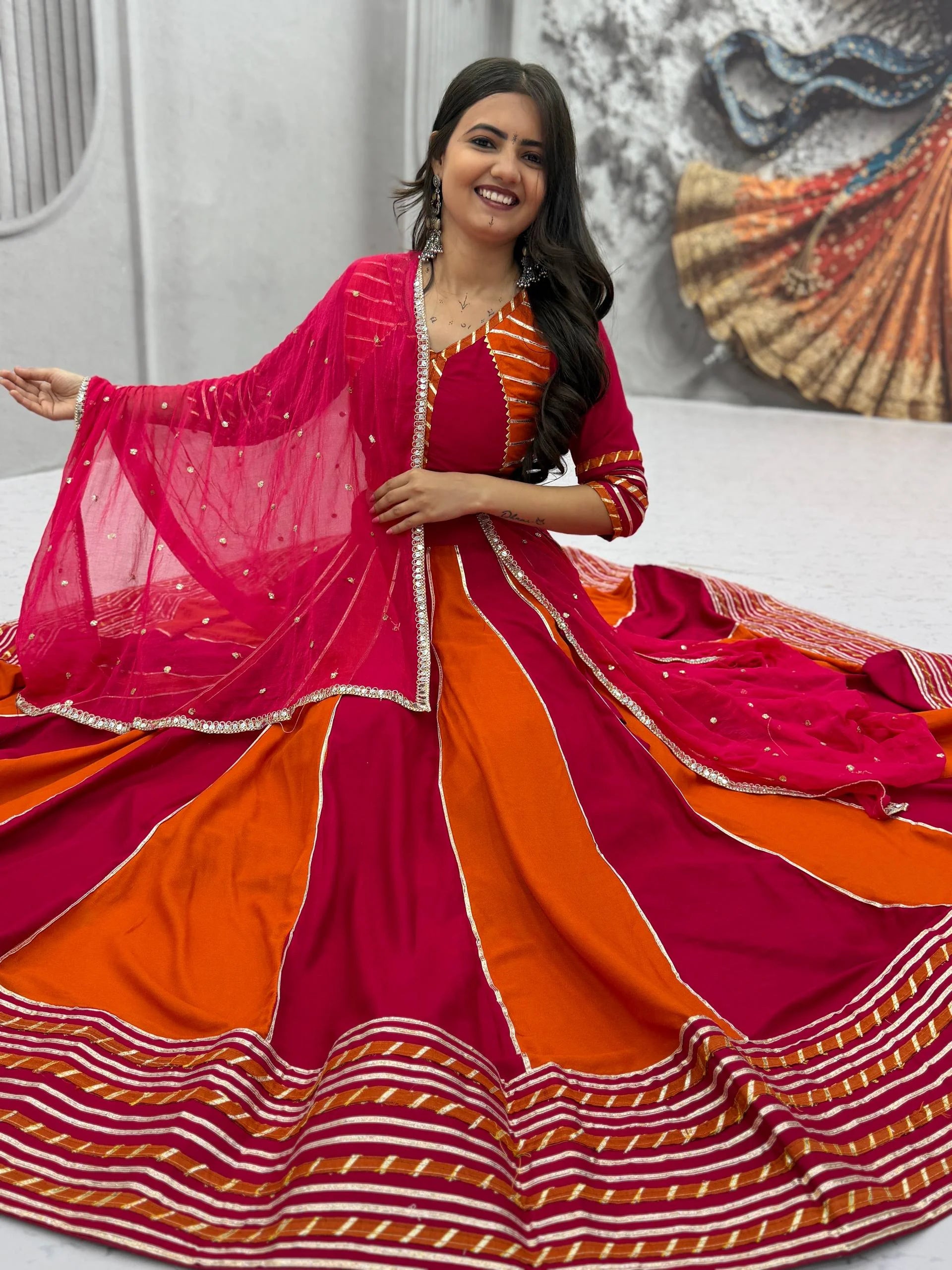 Cotton lehenga choli dupatta pink orange full view 6 metre flair navratri