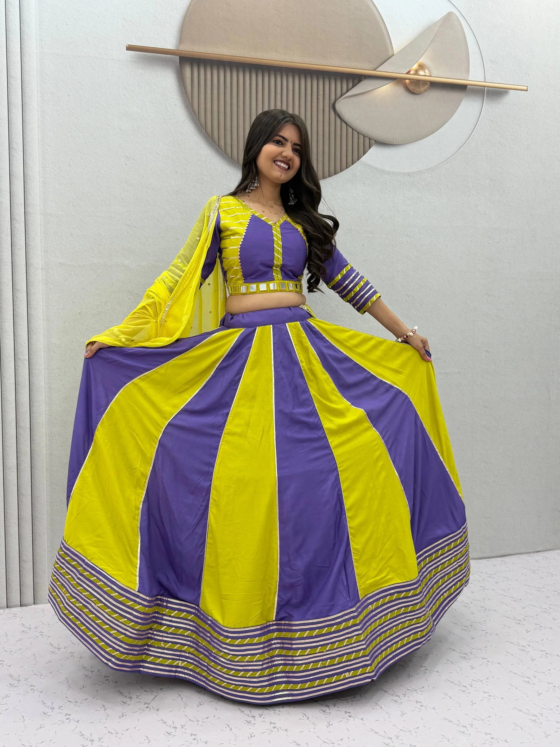 Navratri lehenga choli with dupatta navy yellow cotton hand work blouse closeup