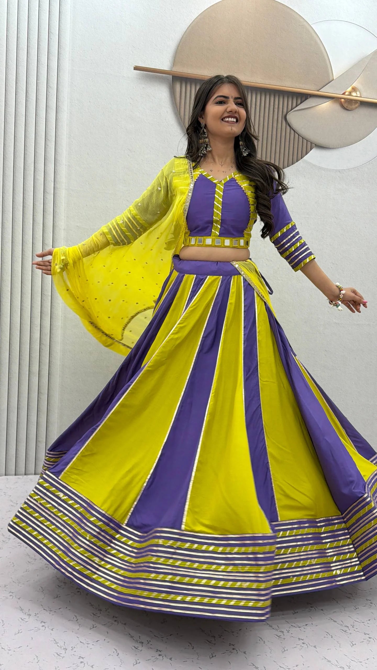 Cotton navratri lehenga choli with dupatta purple yellow bicolor full view