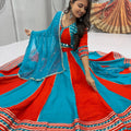 Navratri lehenga choli with dupatta red teal bicolor cotton hand work