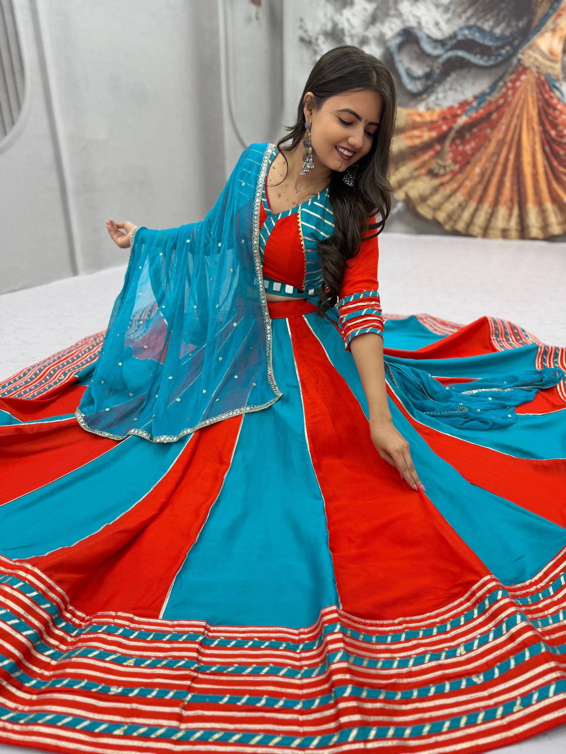 Navratri lehenga choli with dupatta red teal bicolor cotton hand work