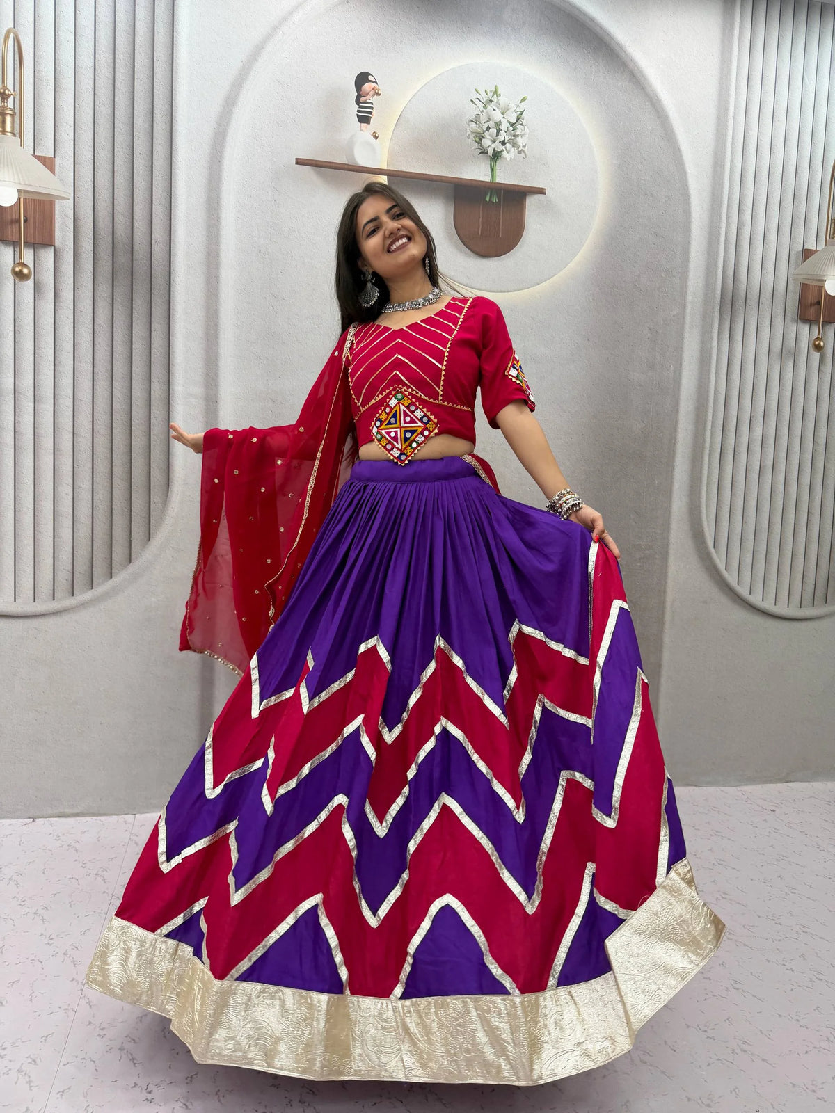 Navratri lehenga choli green pink full view Garba festival