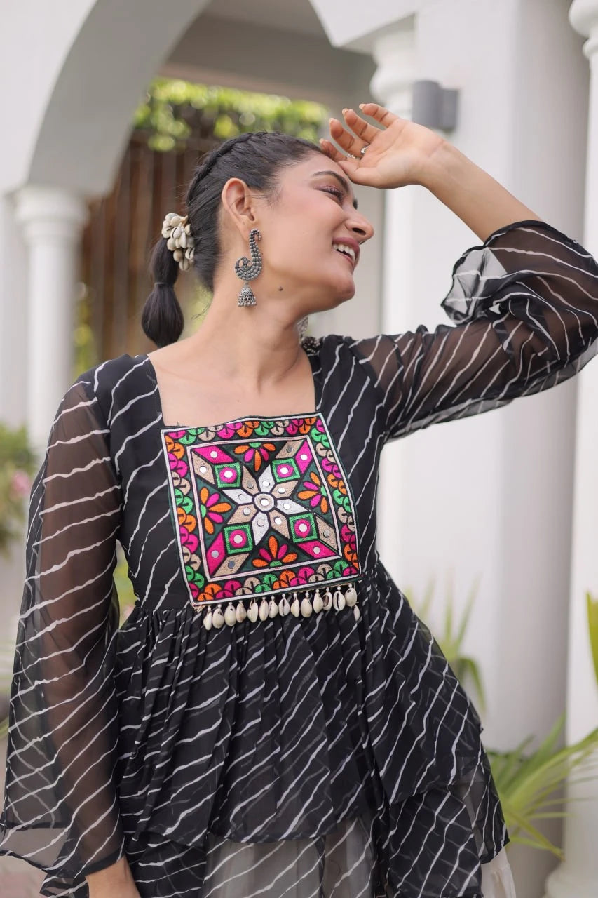 navratri lehenga choli black kutchi top mirror work closeup