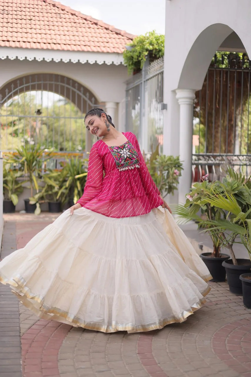 navratri lehenga choli pink kora cotton 12 mtr flair dance